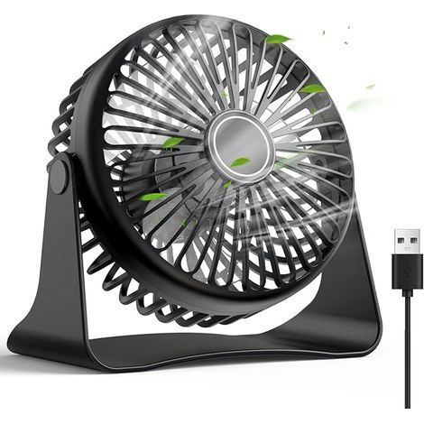 Ventilador de escritorio USB, ventilador de escritorio portátil, mini ventilador de escritorio giratorio de 360°, pequeño ventilador de 3 velocidades para oficina, hogar, dormitorio, negro (1/5)