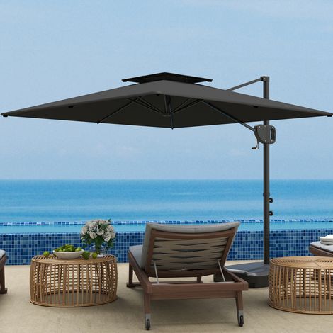 Ombrellone a Braccio 2.5x2.5 m con Base Riempibile, Manovella e Testa Inclinabile, Grigio Scuro
