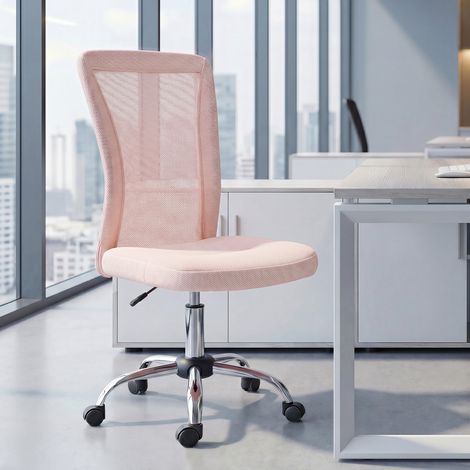 Chaise de Bureau Ergonomique Pivotante Sans Accoudoirs en Tissu Respirant Filet, Hauteur Réglable, Rose (1/5)