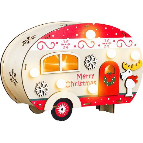 LED Deko Holz Wohnwagen mit Beleuchtung - 21 x 14 cm - Weihnachts Caravan mit 10 LED in warm weiß - Advent Winter Weihnachten Tischdeko Weihnachtsdeko Fensterdeko Deko Aufsteller Weihnachtsdorf Zubehö