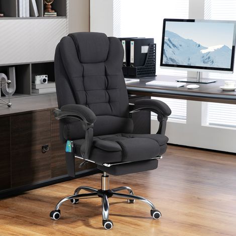 Sillón ejecutivo de oficina con función de masaje, calefacción, altura regulable, respaldo reclinable y tapizado en tela de lino negro.