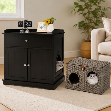 Hidden Cat Furniture Set (2-Piece) – 3-in-1 Litter Box Side Table & Foldable Rattan Cat House (1/5)