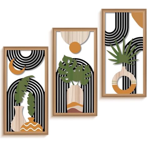 3 Pièces Décoration Murale Bohème en Bois, Décoration Murale Moderne en Bois Art Mural Abstrait Moderne, avec Motifs Feuille, pour Salon, Chambre, Entrée, Galerie (30 15 0.5cm)