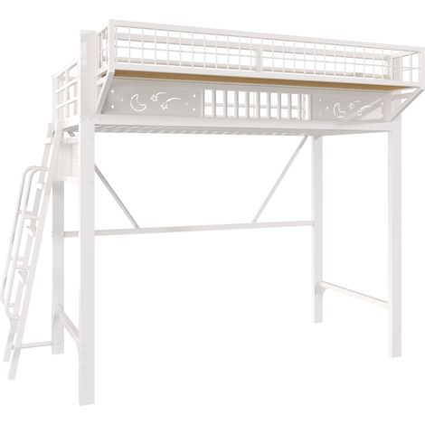 Cama alta metálica blanca 90x200 cm, ahorra espacio para dormitorio, sin colchón (1/5)