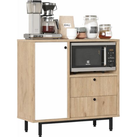 Meuble Micro-onde Pause-Café Chêne et Blanc 1 Porte 2 Tiroirs L 88 H 85 P 35.5 cm (1/5)