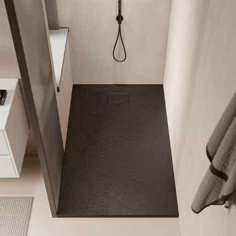 Stano. – Receveur de douche à encastrer 80 x 180 cm – Extra plat noir – Antidérapant PN24 – Surface aspect ardoisé – Cache-bonde inclus