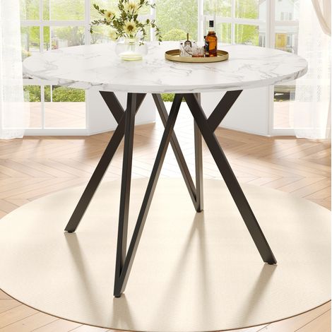 Mesa comedor 100×100×76 cm MDF efecto mármol negro, base metálica geométrica (1/5)
