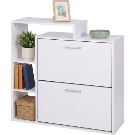 Relaxdays, tilt shoe cabinet, 2 compartments, open shelves, anti-tip safety, for hallway, white (1/5)