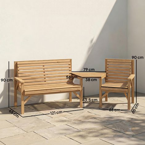 Ensemble de 3 chaises de jardin, mobilier de balcon avec trou pour parasol, chaise de jardin, banc, table amovible, 121 x 65 x 90 cm, bois naturel (1/5)