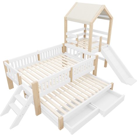 Letto a casetta 90 x 200 con letto estraibile, scivolo, scala e cassetti, bianco naturale