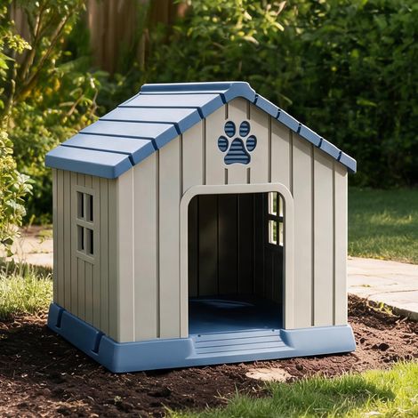 Niche pour chien en plastique avec texture bois bleu classique (1/5)