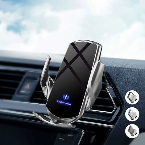 Chargeur de voiture sans fil 15 W infrarouge à induction automatique, support de voiture pour iPhone/Galaxy (argent) (1/5)
