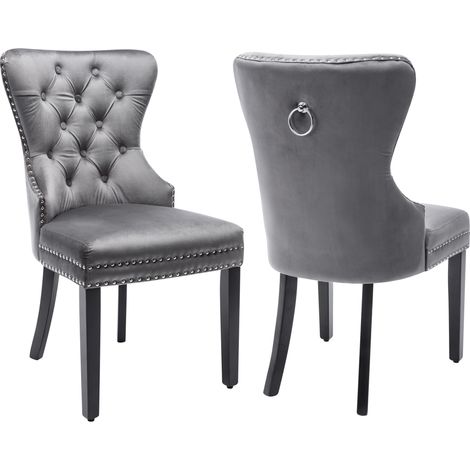 Set 2 sedie da pranzo imbottite in velluto grigio con gambe in legno MODENUIT (1/5)