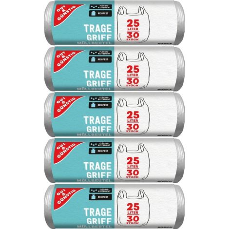 Lot de 150 sacs poubelle avec poignée de transport 25 litres – 30 sacs par rouleau – Résistants à la déchirure et aux liquides – Produit et emballage recyclables (1/5)