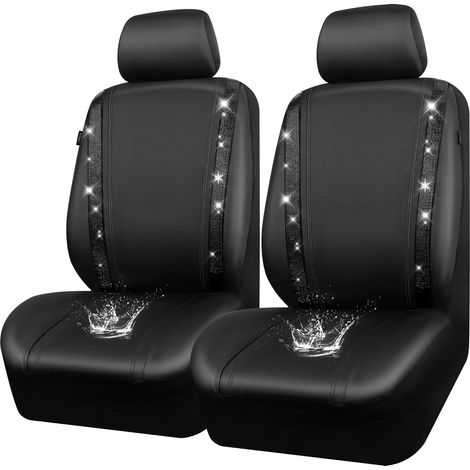 Housses siège Voiture en Cuir imperméable, Bling Diamant Brillant Cristal Scintillant, Universel pour 95% de Toutes Les Automobiles Camions SUV, Femmes Hommes(Avant, Noir) (1/5)