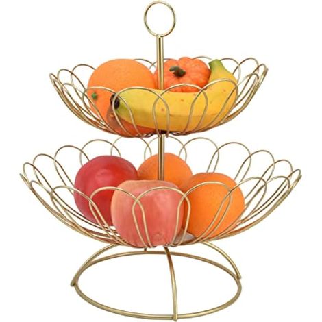 Corbeille à fruits en fer à deux niveaux, style nordique moderne et minimaliste - Coupe à fruits géométrique dorée amovible et créative pour la cuisine et le salon (1/5)