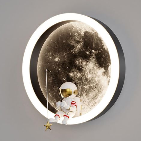 Applique murale LED lune pour enfants, intérieur, décoration astronaute, applique murale ronde créative pour chevet, câblage requis, 12 W, 3000 K, pour chambre d'enfant et chambre à coucher (A : Noir) (1/5)