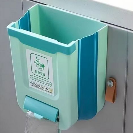Nur in einer Farbe erhältlich: Grün. Material: PP + TPR. Faltbarer Wandabfalleimer für Küche und Haushalt zur Befestigung an Schranktüren.