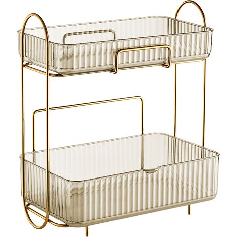 Organisateur de comptoir de salle de bain à 2 niveaux avec boîte amovible, grande étagère de rangement pour maquillage, idéale pour le comptoir de la chambre à coucher (ambre). (1/5)