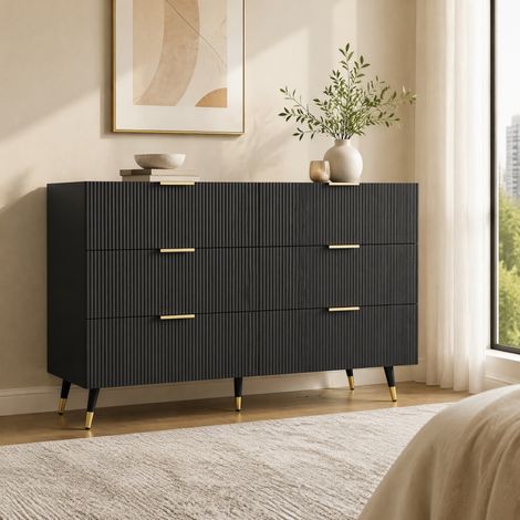 MEUBLIV Buffet 120 cm noir et doré – 6 tiroirs, grand rangement (1/5)