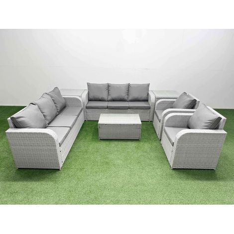 Fimous PE Rattan High Back Lounge Sofa Set Patio Coffee Table & Chairs Set with 3 Seater Sofa Reclining Chair 2 Side Table Light Grey (1/4)