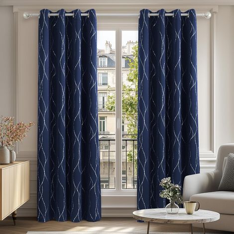 JSSEVN - Printed Blackout Curtains with Eyelets, 1 Polyester Curtain for Living Room/Bedroom, Navy Blue, 132x213cm (1/5)