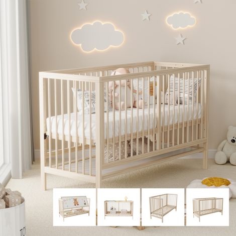 Lit bébé en bois multifonctionnel, convertible en lit d’appoint / chevalet de peinture / bureau, hauteur réglable, sans matelas, en sapin, couleur naturelle, 140x60x90cm (1/5)