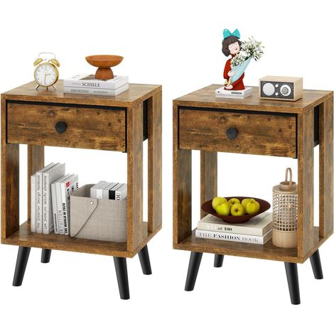 Table de Chevet, Lot de 2, Table d'Appoint, Commode de Chevet, Tiroir en Tissu, Étagère Ouverte, Pieds Massifs en Bois, Moderne, Structure Simple, pour Chambre, Salon, Marron Rustique HST012H-2 (1/5)