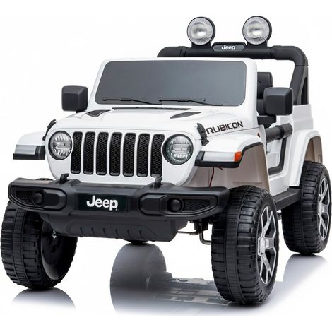 Auto Elettrica Bambini Jeep Wrangler Rubicon 12V 2 Posti con Licenza Ufficiale Ruote in Gomma EVA Sedile in Pelle Telecomando 2.4GHz Luci LED Bluetooth MP3 USB Porte Apribili Full Optional Bianco