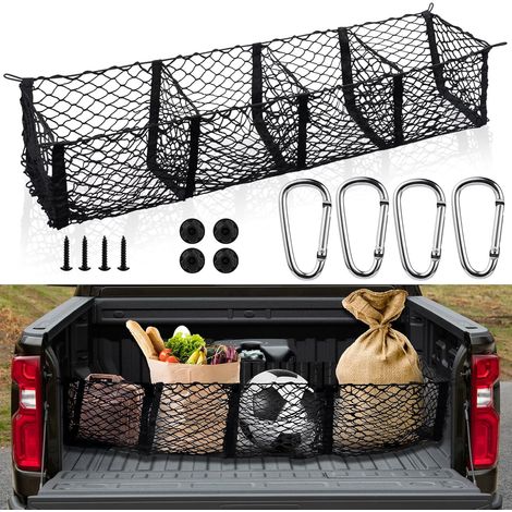Red de carga para la caja de camioneta: red de carga resistente de 4 compartimentos, elástica y extensible, que evita que las compras se resbalen (1103030 cm). (1/5)