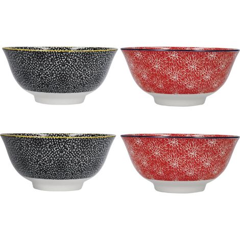 KitchenCraft Juego de 4 cuencos de gres esmaltado, Floral rojo y negro, 15,5 x 7,5 cm, en caja de regalo