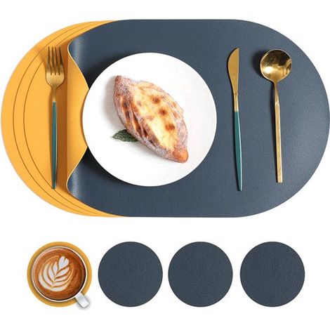 Ensemble de 4 pièces - Sets de table et dessous de verre - Sets de table ovales - Dessous de verre ronds - Double face, bicolore - Cuir grainé litchi - Antidérapants et résistants - Bleu et jaune (1/5)