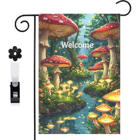 Drapeau de jardin bienvenue 30 x 45 cm motif forêt enchantée et champignons toile double face résistante (1/5)