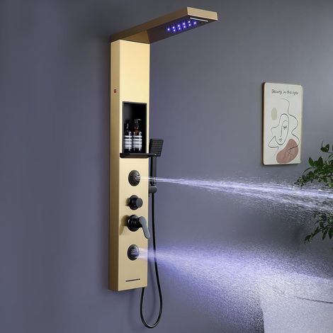 Panneau de douche doré avec robinet et étagère, colonne de douche LED 6 fonctions, douche pluie et cascade, buse de massage 2 modes, douchette à main et bec de baignoire cascade, acier (1/5)
