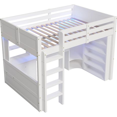 Hochbett 140x200 cm mit LED, Schreibtisch, Kleiderschrank und Stauraum, weiß, ohne Matratze (1/5)
