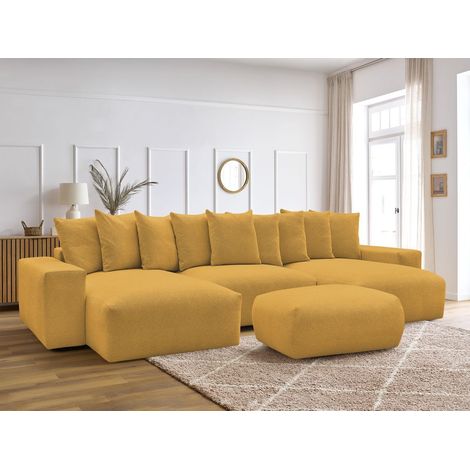 BOBOCHIC - Canapé panoramique convertible coffre VOLTAIRE tissu chiné avec pouf   Jaune (1/5)