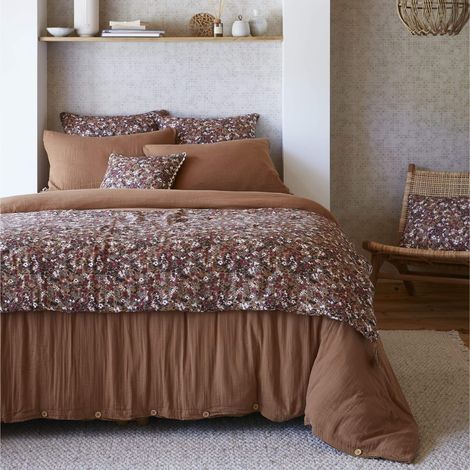 Couvre-lit gaze de coton imprimé floral 90x200 cm marron (1/4)