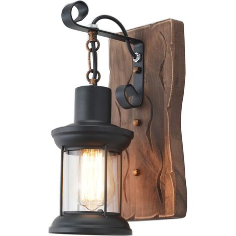 Applique murale industrielle vintage - Luminaires rustiques - Applique murale d'intérieur noire en bois et métal style ferme - Idéale pour salle à manger, couloir, hôtel, bar ou véranda (1/2)