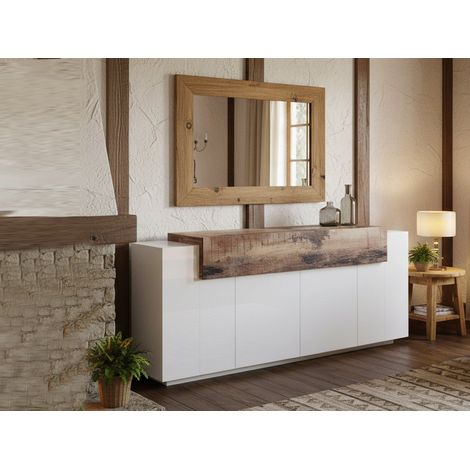 Dmora Modernes 5-türiges Sideboard, Made in Italy, Küchen-Sideboard, Wohnzimmer-Design-Buffet, cm 200x45h86, Glanzweiß und Ahornfarbe (1/5)