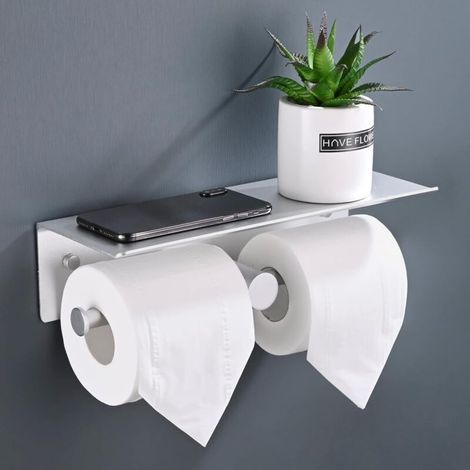 Porte Papier Toilette, Double Support Papier Toilette avec Étagère Rangement Spacieuse, Aluminium Dérouleur Porte Rouleau Papier Toilette Autoadhésive et Mural pour Salle de Bain 31cm, Argent (1/5)