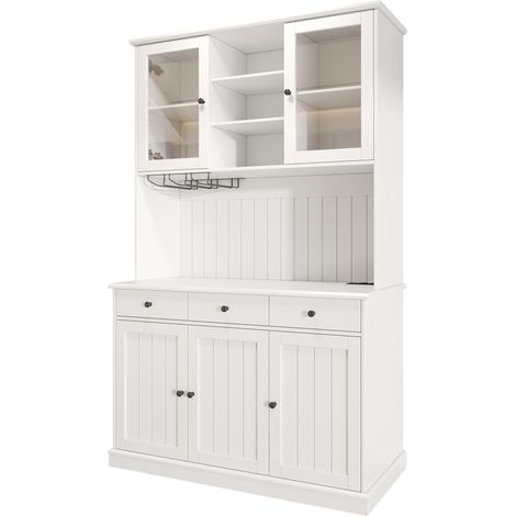 Buffet haut avec portes vitrées, porte-verres intégré et prises USB, 120 x 40 x 191 cm, blanc et noir (1/5)