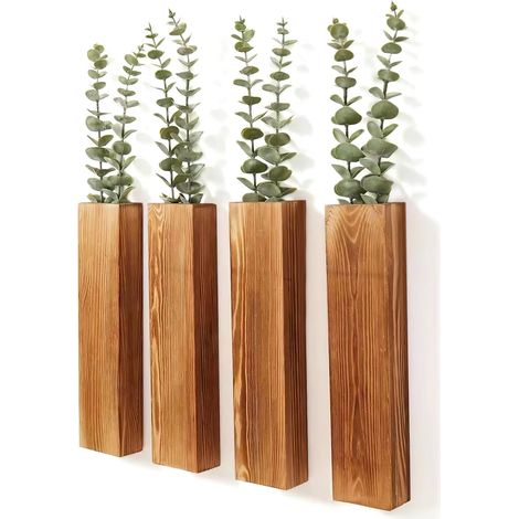 Lot de 4 pots de fleurs suspendus en bois - Vase mural rétro - Décoration murale pour l'intérieur - Vases muraux rustiques de style maison de campagne (1/5)