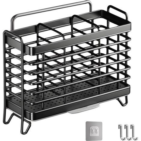 1 Porte Ustensiles Cuisine, Acier Inoxydable, 3 Compartiments, Égouttoir, Mural Sans Trou, Noir