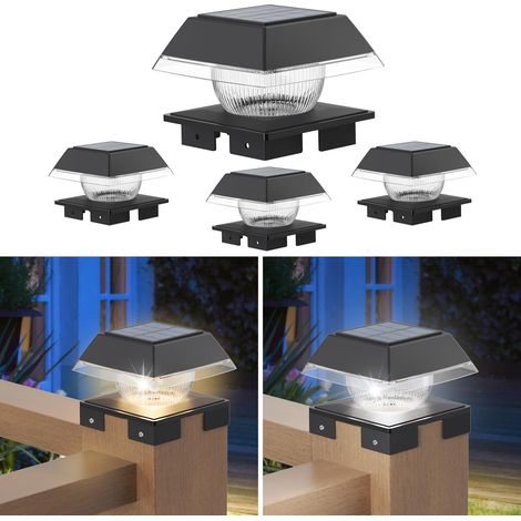 4 Lampes de Poteau Solaires IP65 Lampe Solaire pour Poteau de Clôture pour 3.5x3.5 à 5.5x5.5 Pouces Poteaux Jardin Cour Décoration,Lumière Chaude + Froide (1/5)