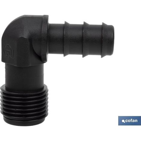 Conexión en codo 90º r.macho Ø16mm para riego, fácil montaje y material resistente