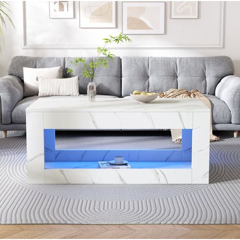 Tavolino basso LED moderno 100 x 50 x 50 cm, piano lucido effetto marmo, bianco, OKWISH (1/5)
