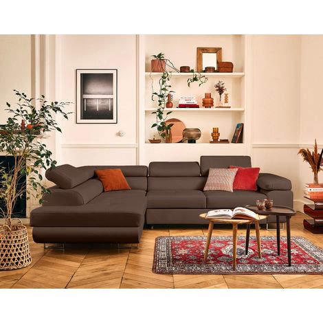 Zaria - ecksofa links 5-sitzer schlaffunktion und bettkasten und kopfstützen aus veganem leder - braun
