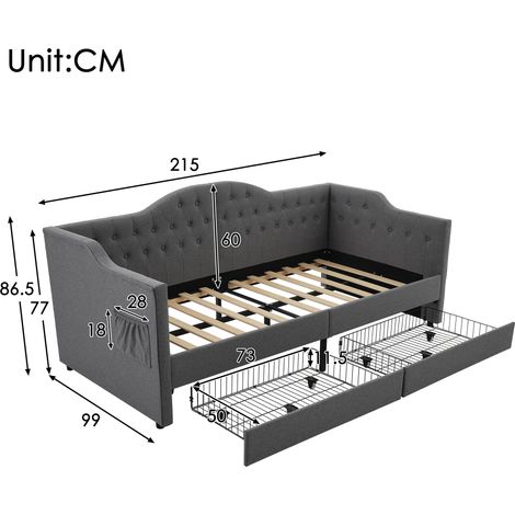Letto Divano 90 x 200 cm, Letto Singolo con USB, Tipo C e 2 Cassetti, senza Materasso, Lino Grigio (1/4)