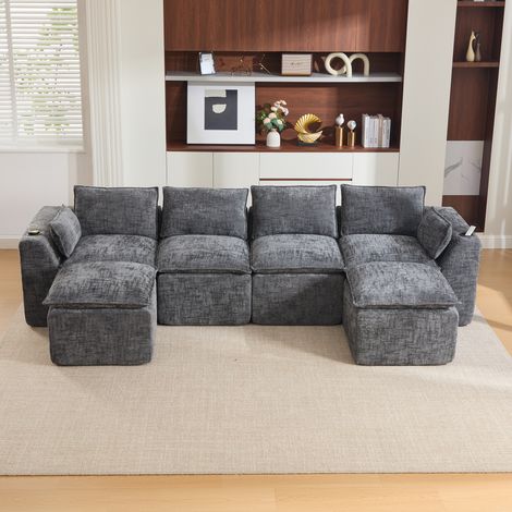 Canapé modulable 4 places 322x161x75 cm, avec 2 poufs, coussins, porte-gobelet et poches latérales pour salon, chenille, Gris (1/5)