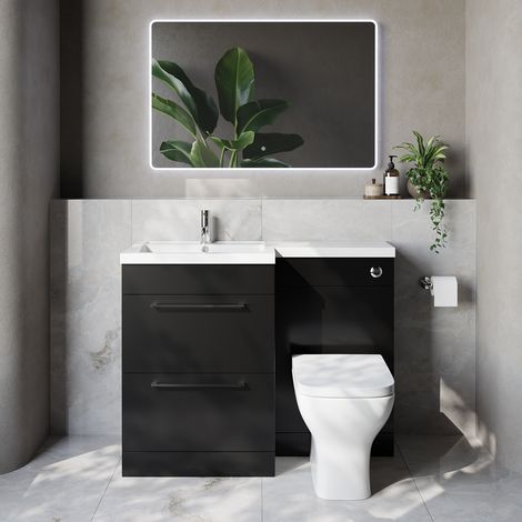 Napoli 460 Matt Black 1100mm 2 Drawer Vanity Unit Toilet Suite with Left Hand Square Lucia Basin - 1100mm - Chrome 320mm HandleWith Kingston Toilet Pan and Seat